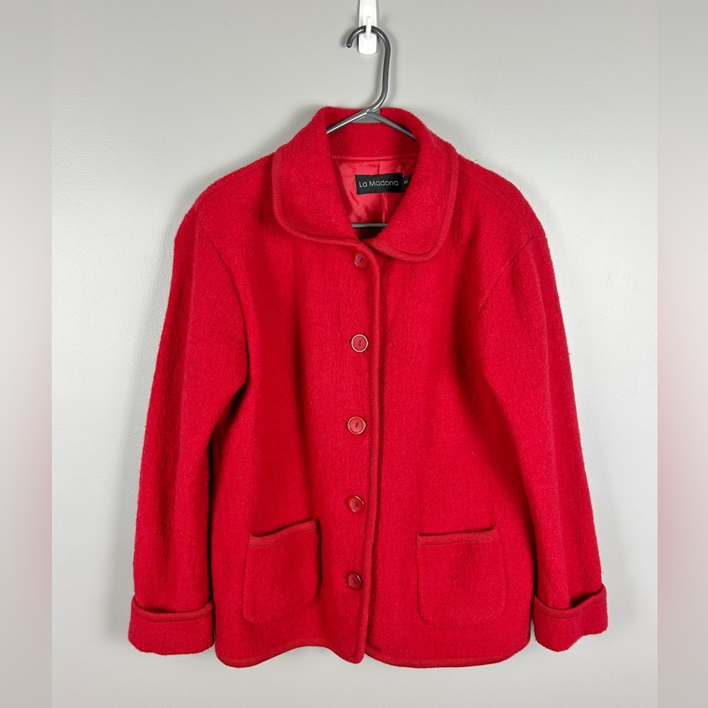LA MADONNA‎ Boiled Wool Jacket Red Size Medium Fall Autumn Layer Button Pockets